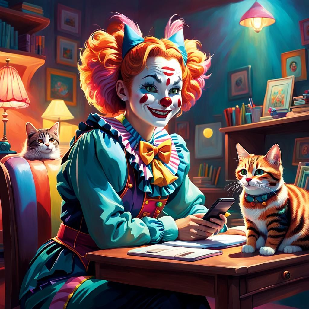 Whimsical Fantasy Portrait of a Happy Clown with Cat and Pho...