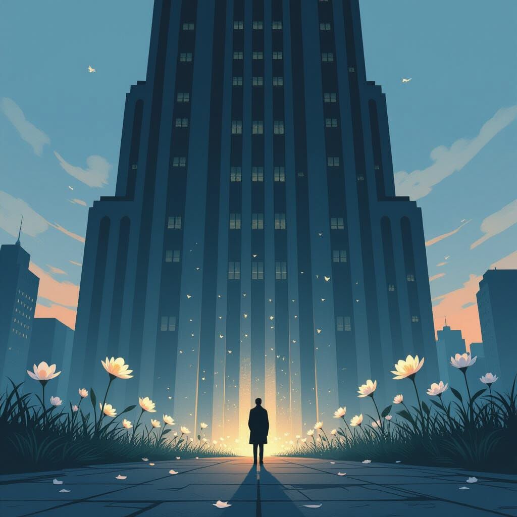 Art Deco Skyscraper Meets Ethereal Blooms Under Twilight Sky