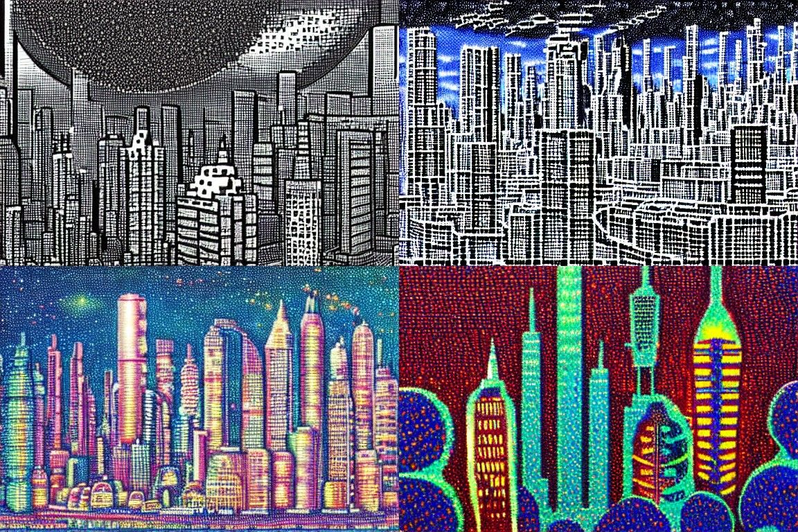 Dazzling Sci-fi Metropolis in Vibrant Pointillist Hues