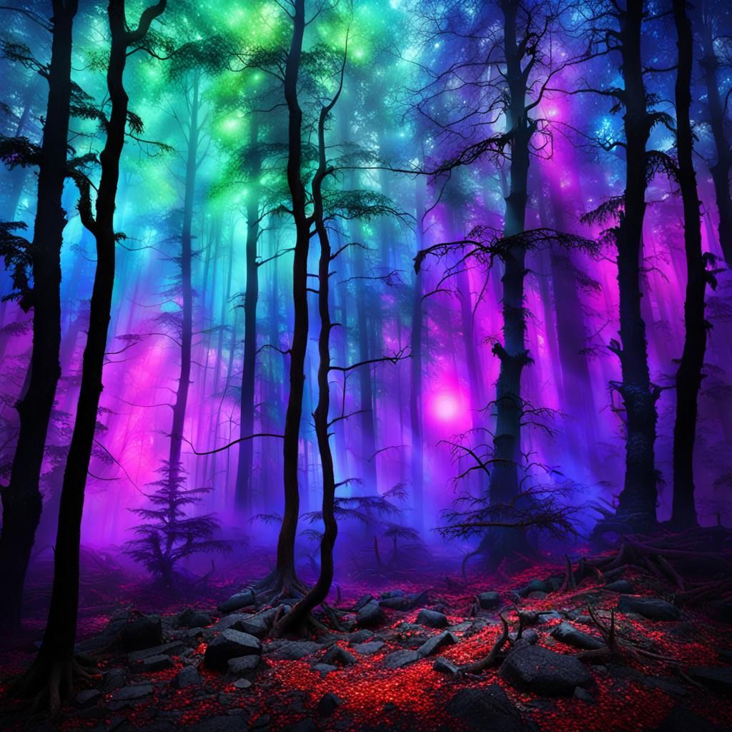 Surreal Iridescent Forest Landscape