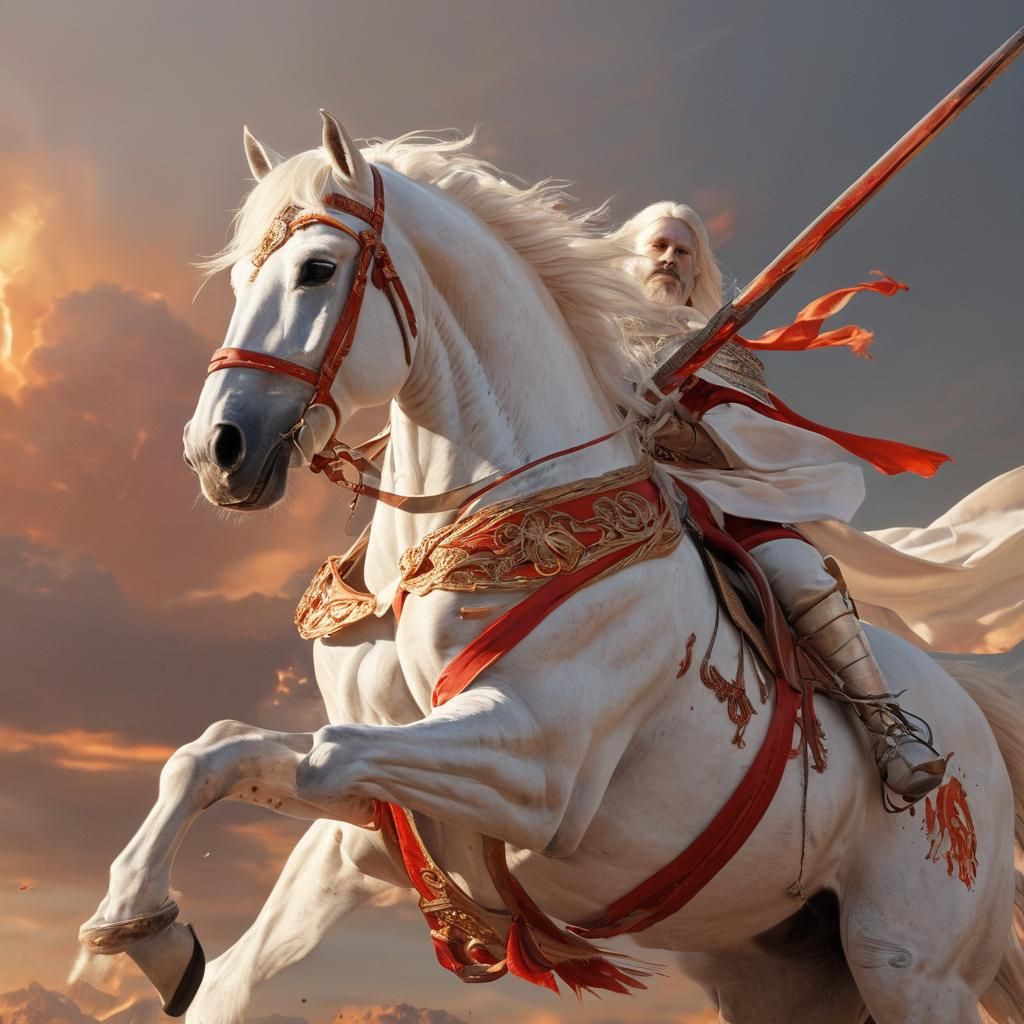 Epic Fantasy Jesus on White Horse in Vibrant, High-Contrast...