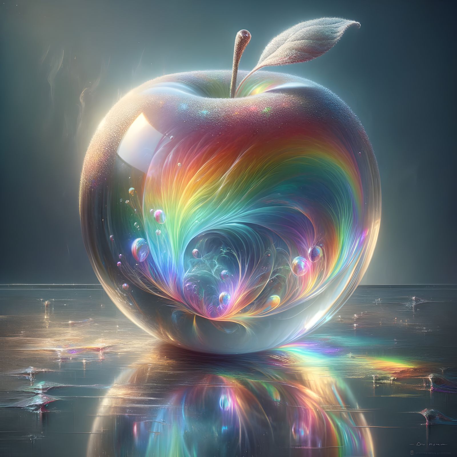 Rainbow Apple with Mirrored Reflection in Romantic Style
