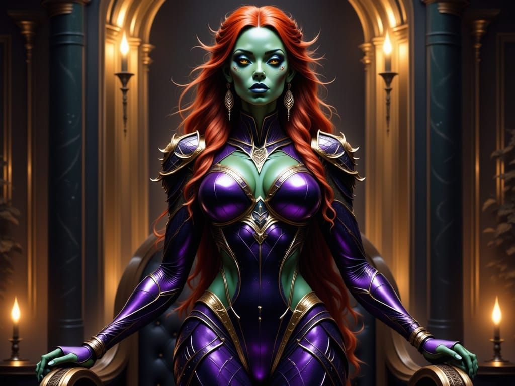 Alien Empress with Green Skin in Hyperrealistic Portrait