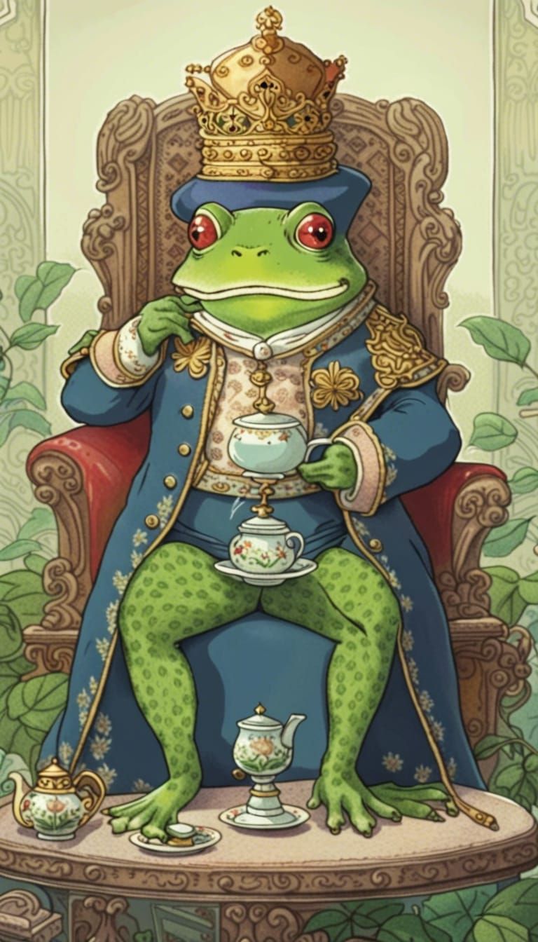 Whimsical Frog King Sips Tea in Ghibli-Inspired Cartoon Art