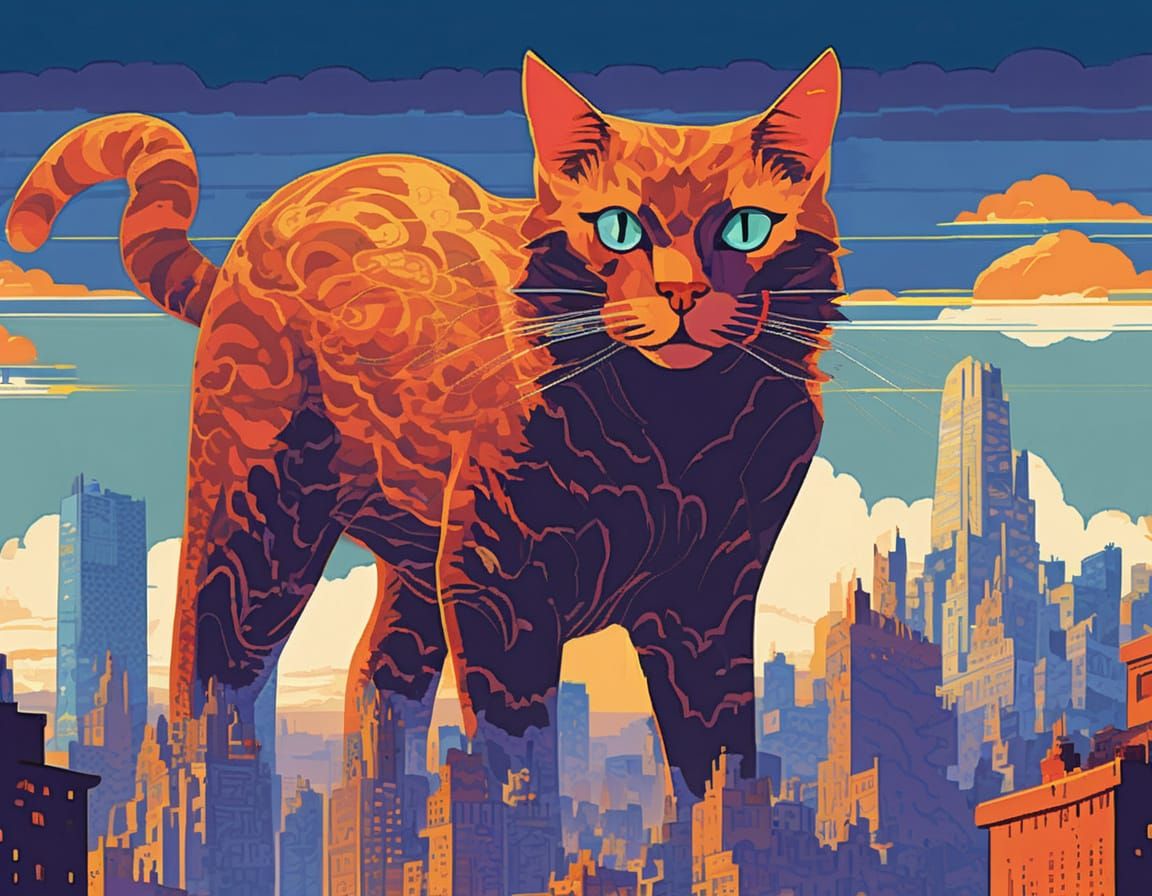 Giant Cat Looms Over City in 16-bit Art