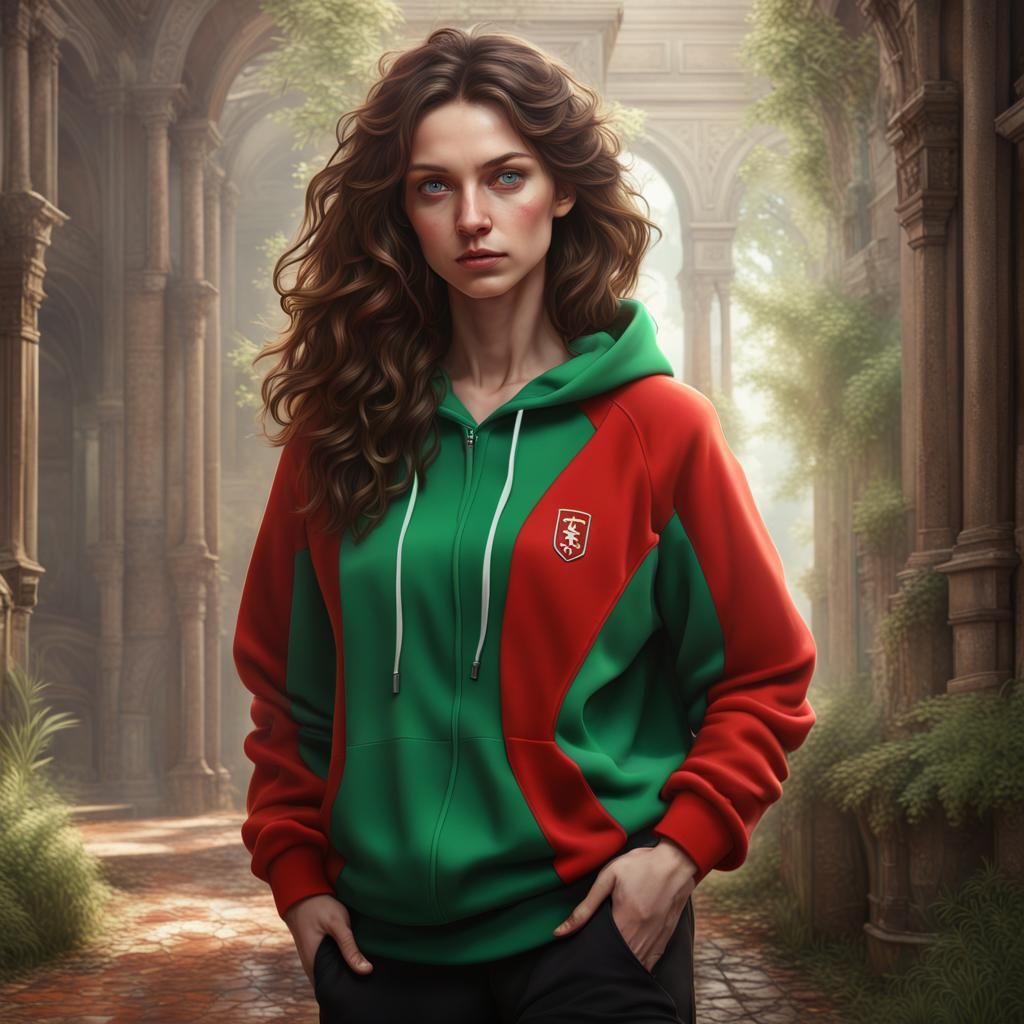 Young Woman in Red and Black, with Wavy Brown Hair and Green...