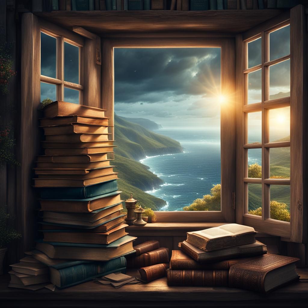 Ethereal Cottage Windowsill with Epic Book Collection