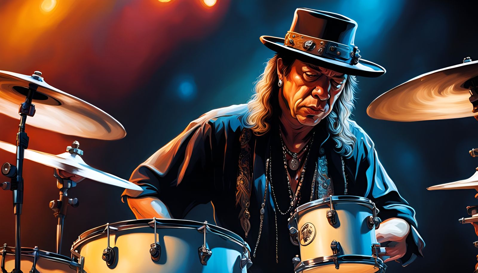 Stevie Ray Vaughan in Dramatic Drumming Pose