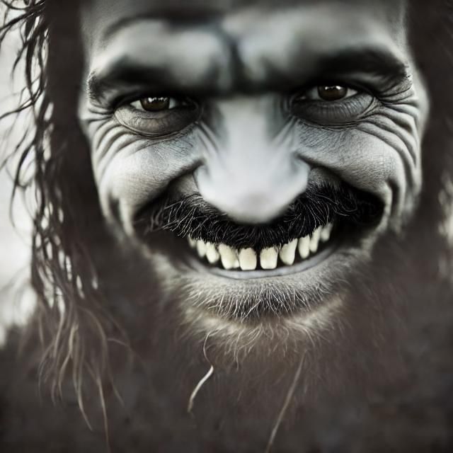 Mountain Man with a Wolfish Grin in Close-Up Portrait