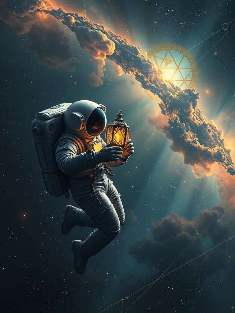 Astronaut with Glowing Lantern in Cosmic Nebula