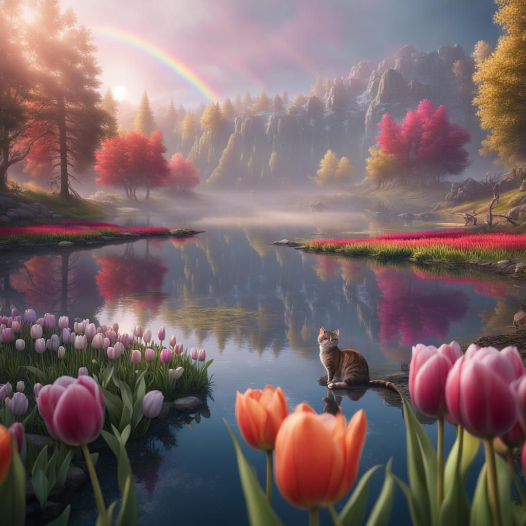 Surreal Splendor: Rainbow Lake Oasis with Whimsical Tulips a...