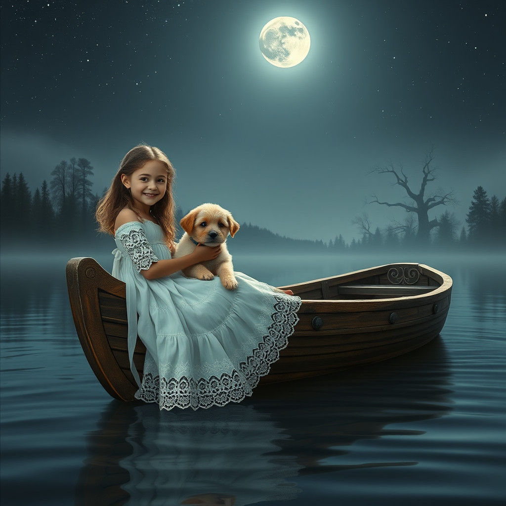 Whispering Girl and Puppy Under Midnight Moonlight