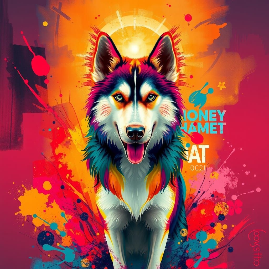 Rainbow Husky Emanates Vibrant Colors in Dynamic Urban Art