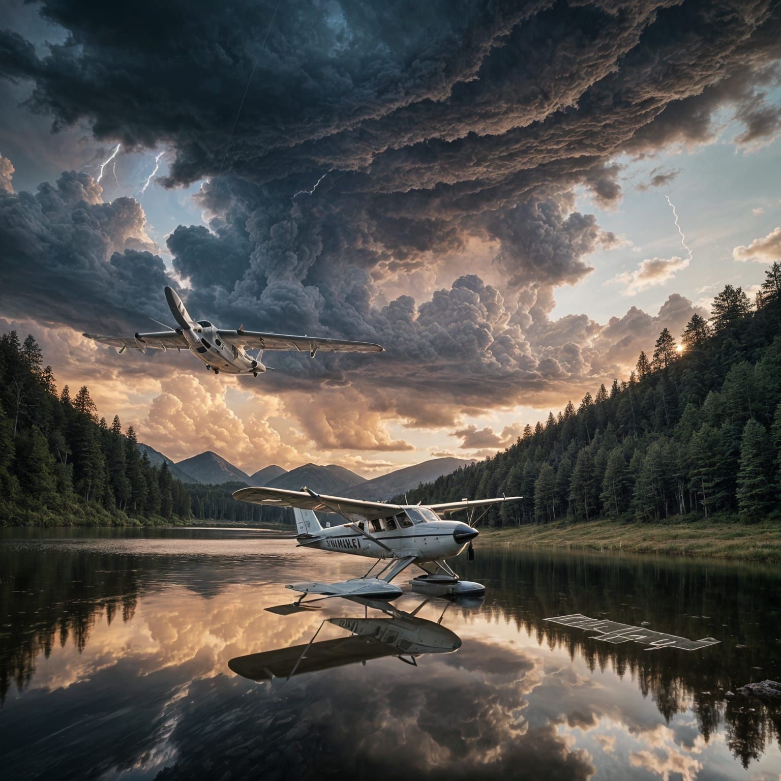 Cessna 172 Floatplane Lands on Mountain Lake Amidst Thundero...