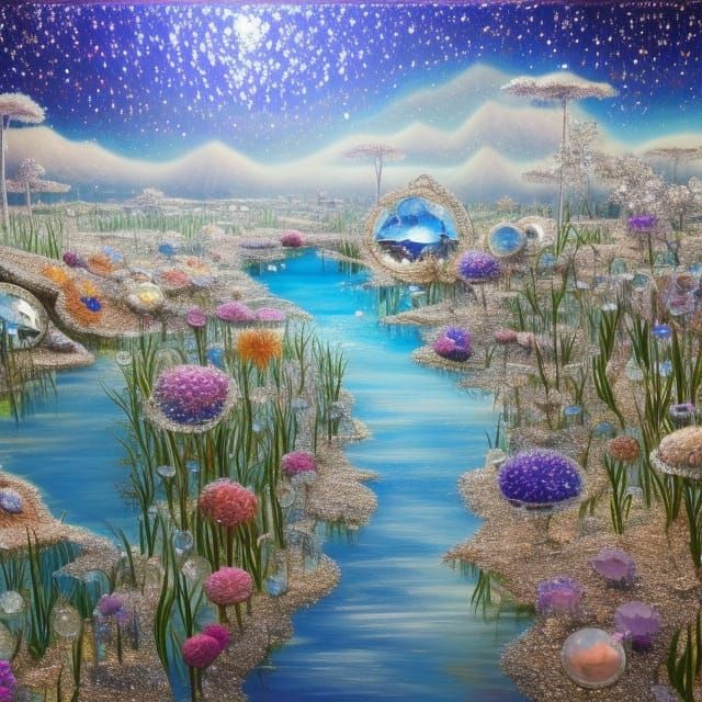 Dystopian Oasis in Sparkling Glass and Crystal Landscape