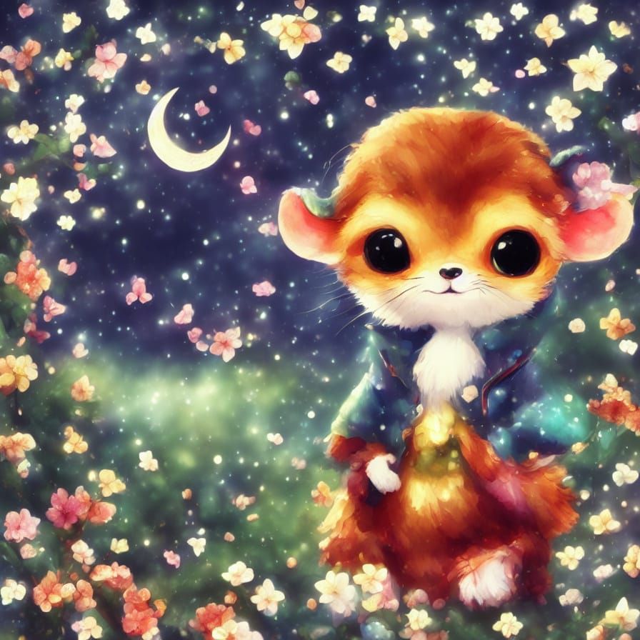 Dreamy Watercolor Mouse Gazing at Moon