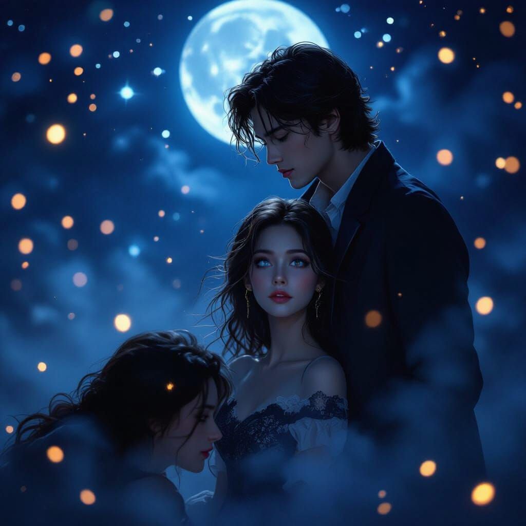 Dreamy Night Scene of First Encounter in Ethereal Mist