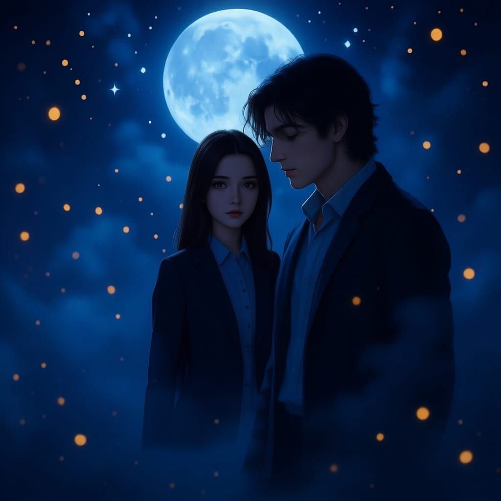 Dreamy Night Encounter: Two Characters Meet in Ethereal Mist