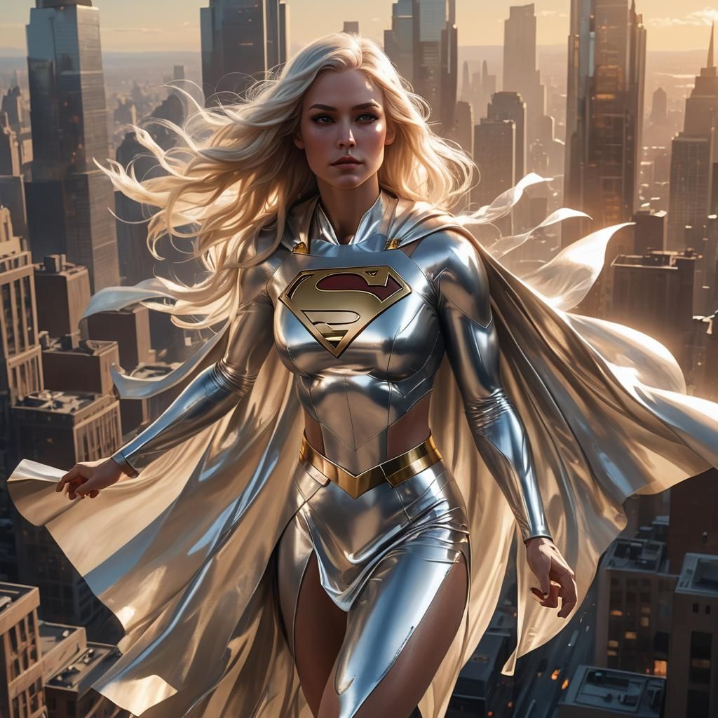 Supergirl Soars Above City at Sunrise in Vibrant Digital Art