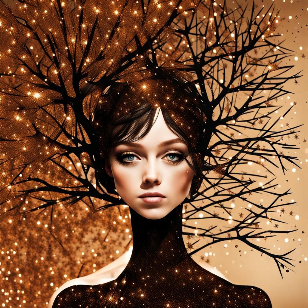 A Girl Crafted from Twigs, Glitter, and Glass in Earthy Tone...