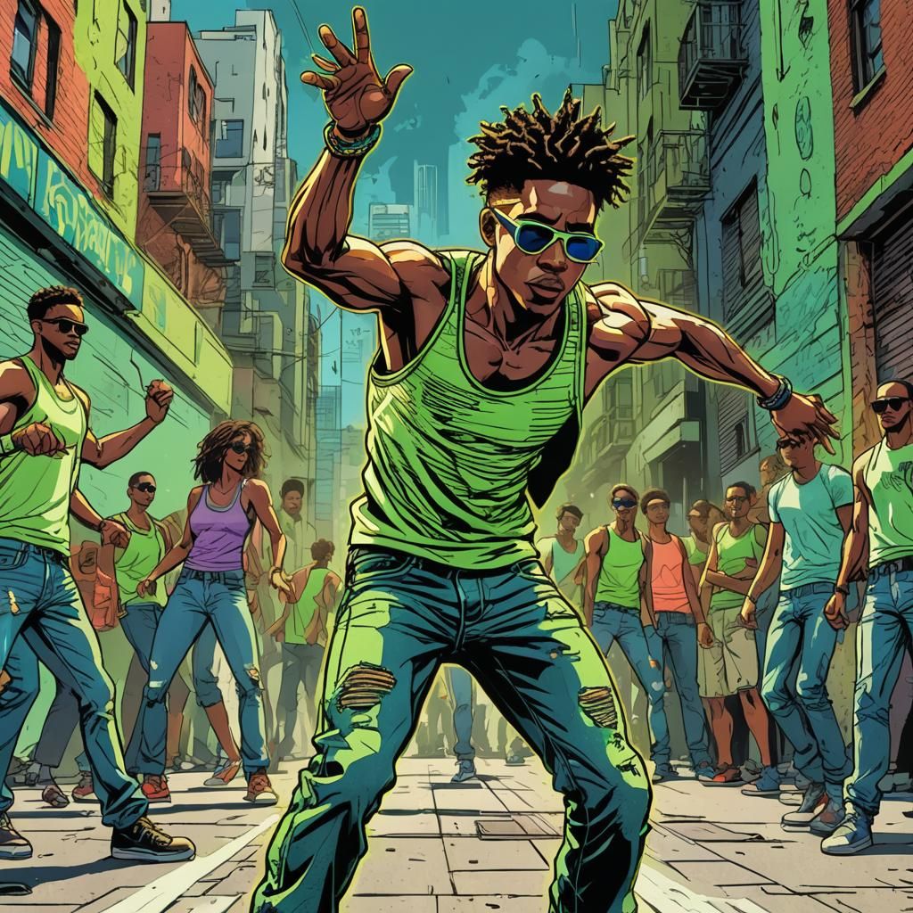 Confident Street Dancer in Neon-Lit Cityscape