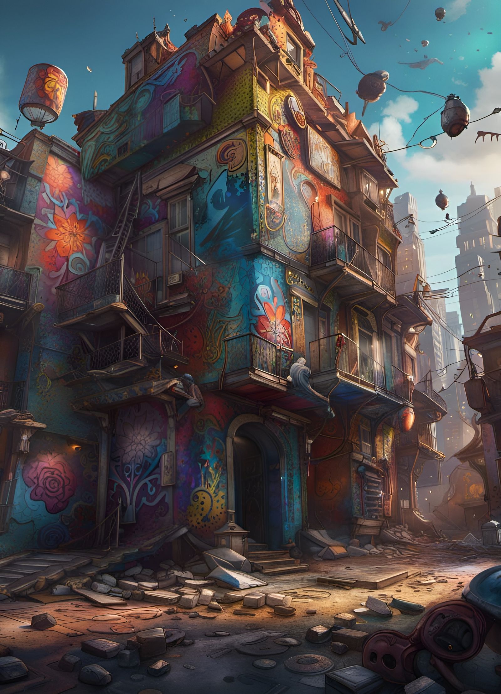 Fantastical Cityscape in Ultra- Detailed Graffiti Art