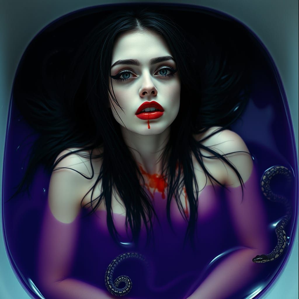 Gothic Woman in Bathtub with Octopuses and Snakes