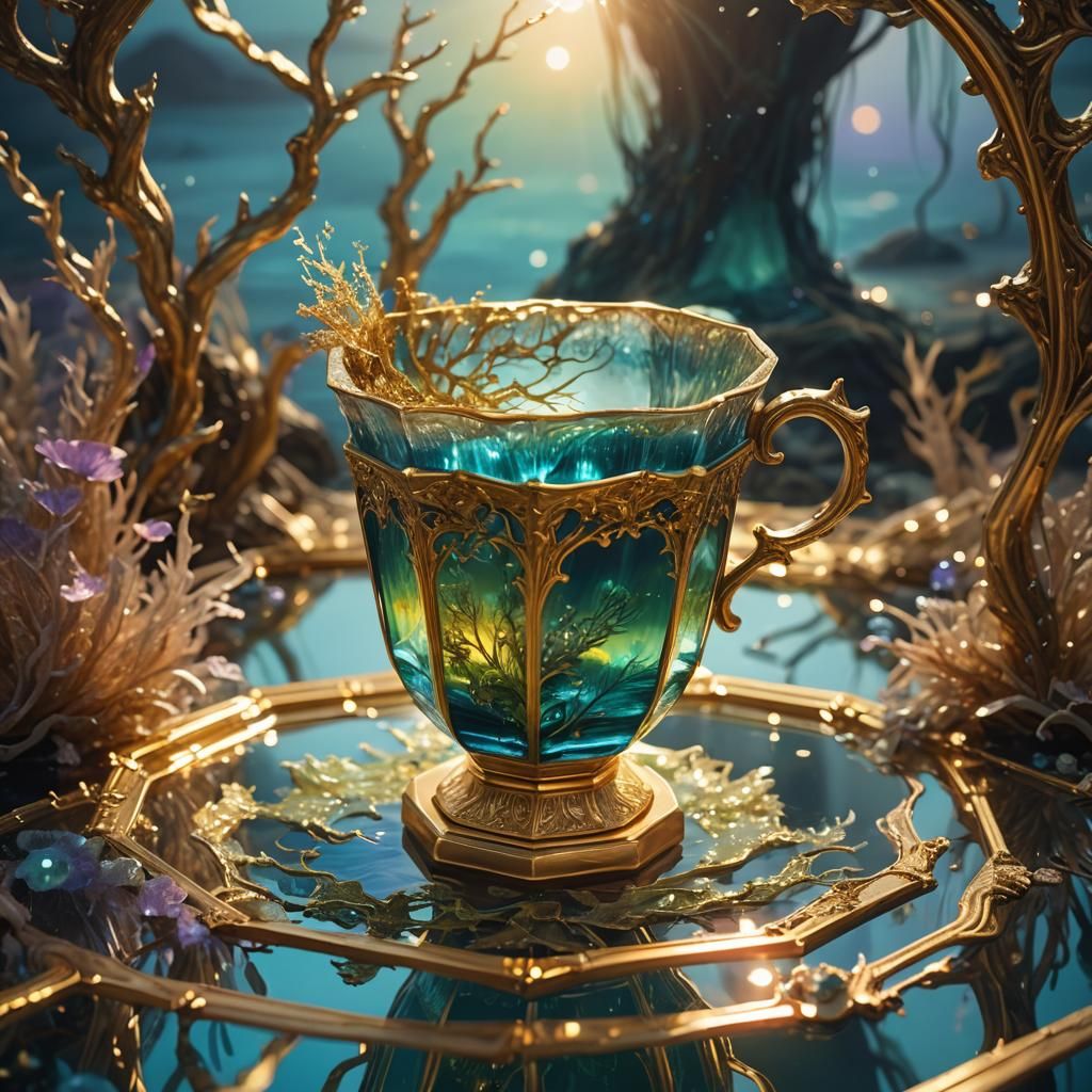 Mystical Octagonal Cup with Shimmering Sea Reflections in Dr...