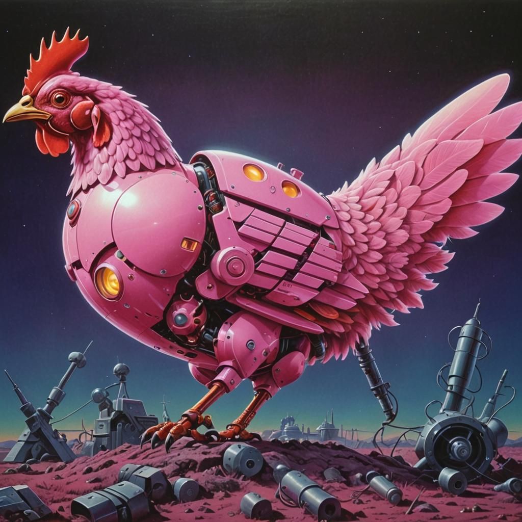 Atomic Robot Hen Ascends in Vibrant Retro-Futuristic Splendo...