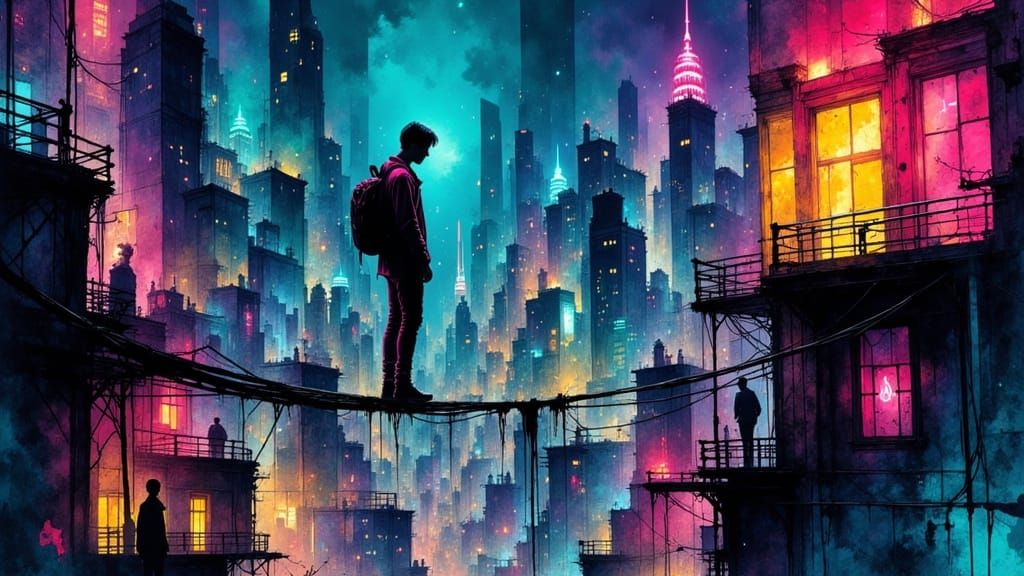 Acrobat Above City, Neon Futuristic Art