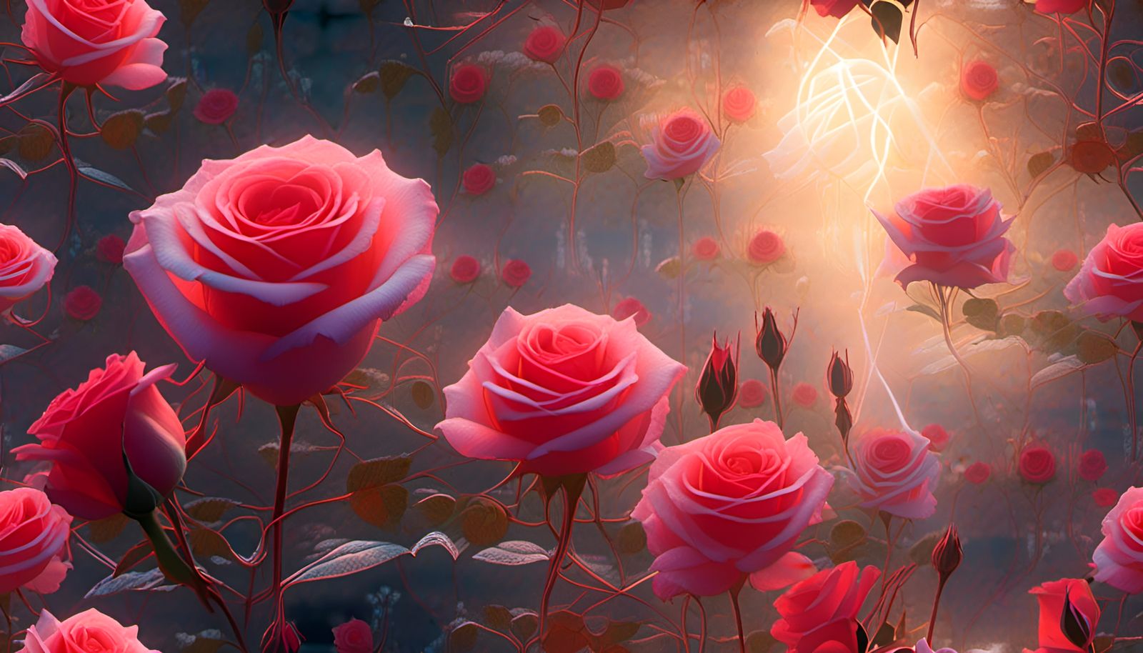 Roses Radiate Serenity in Holographic Light Painting Style