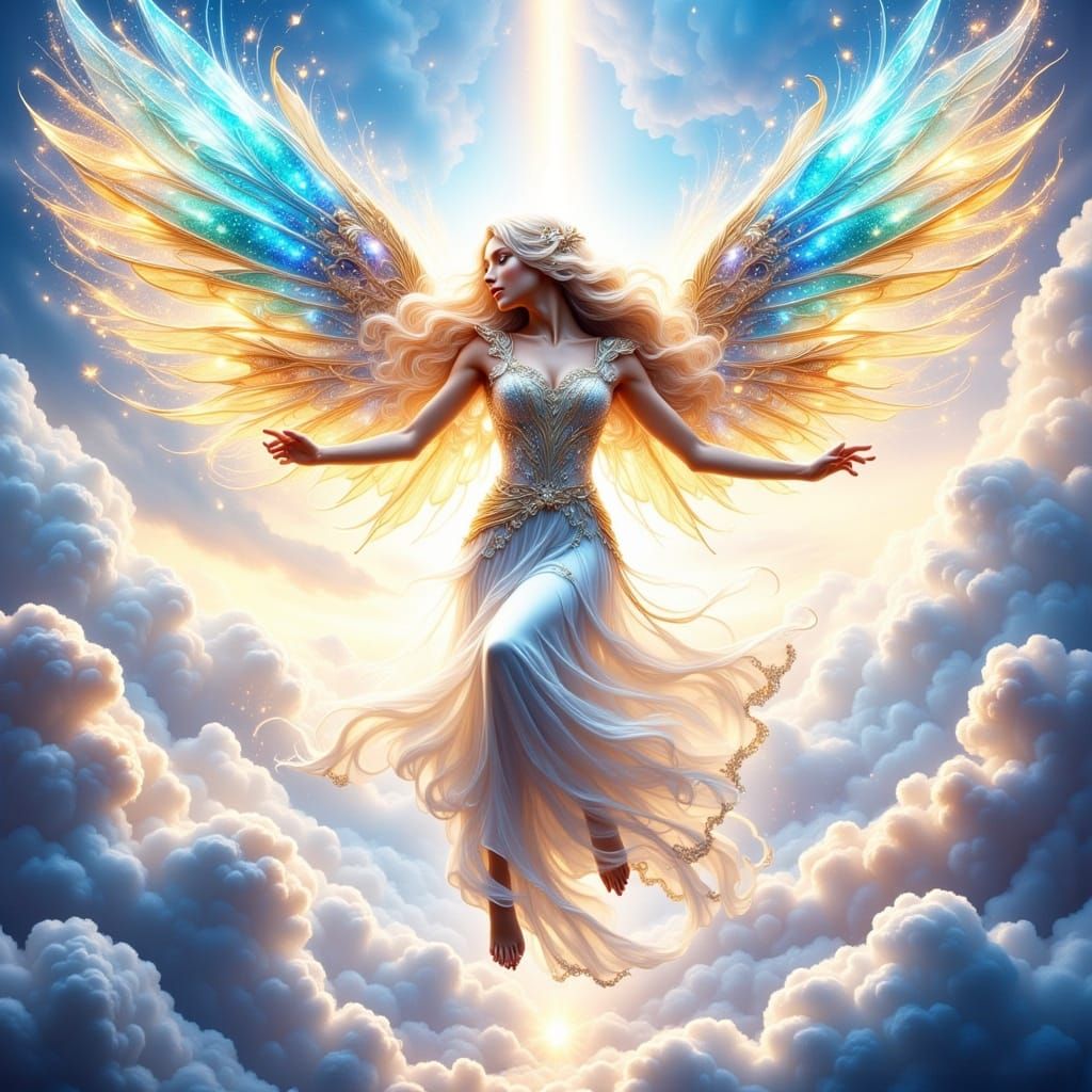 Angel Descending from Heaven in Vibrant Stained Glass