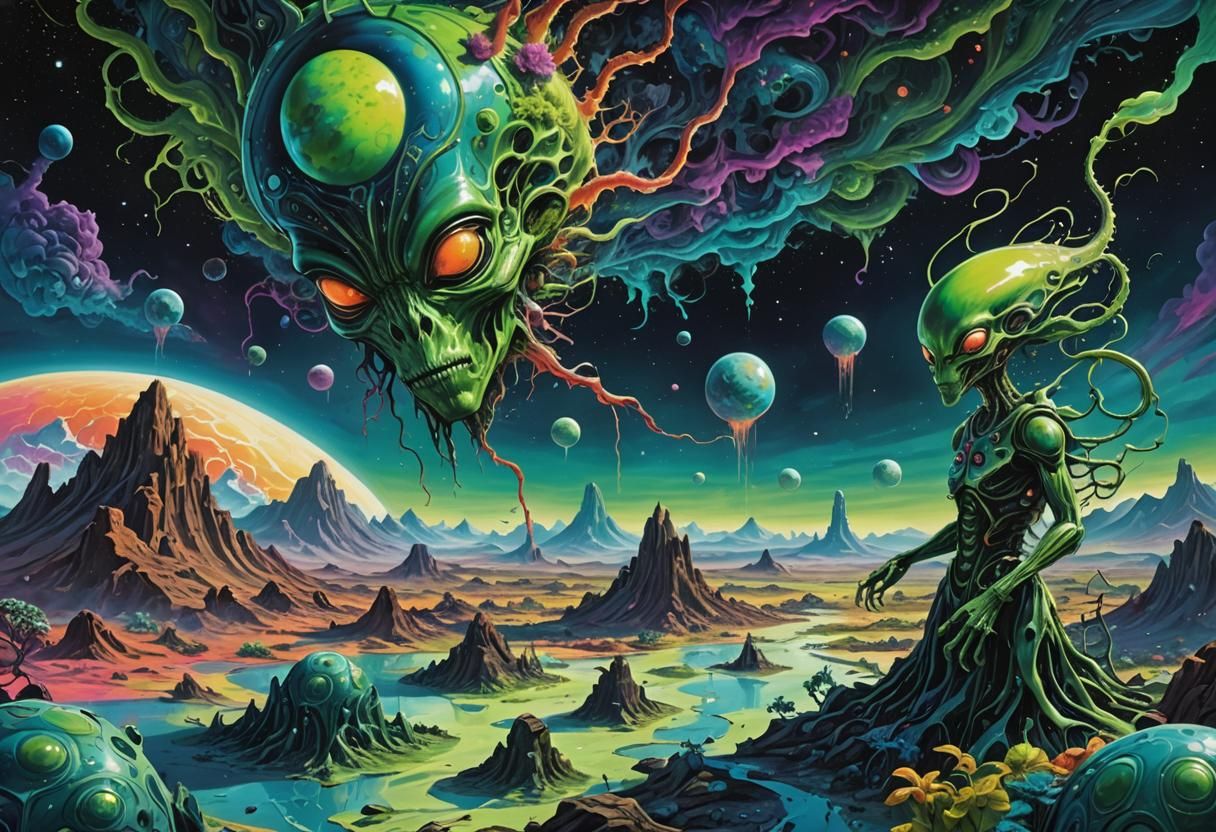 Surreal Sci-Fi Masterpiece with Vibrant, Iridescent Alien Wo...