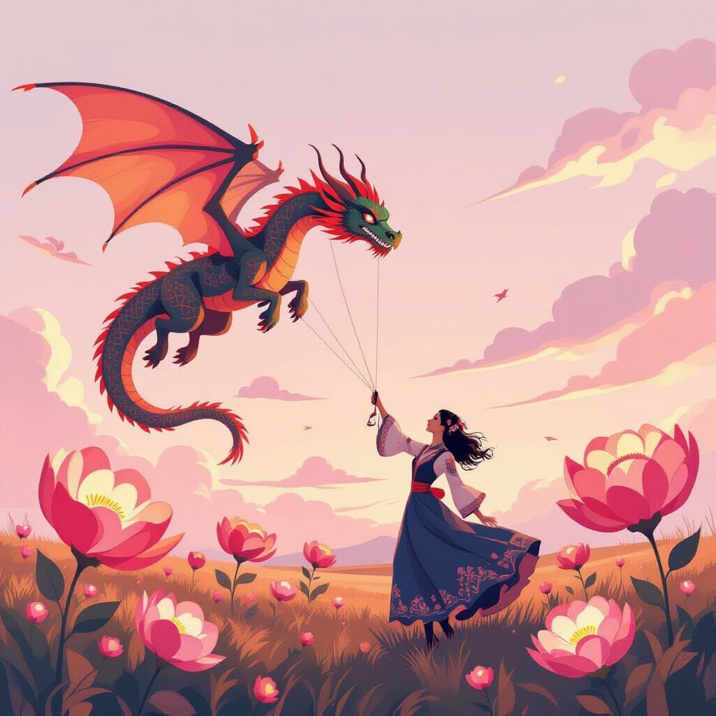 Woman Flies Dragon Kite in Glowing Flower Field
