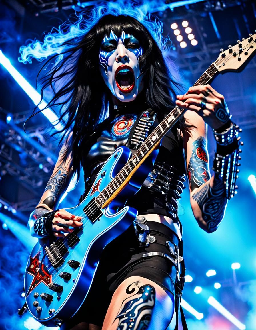 Cyberpunk Superheroine Shreds Electric Guitar in Smoky Neon...