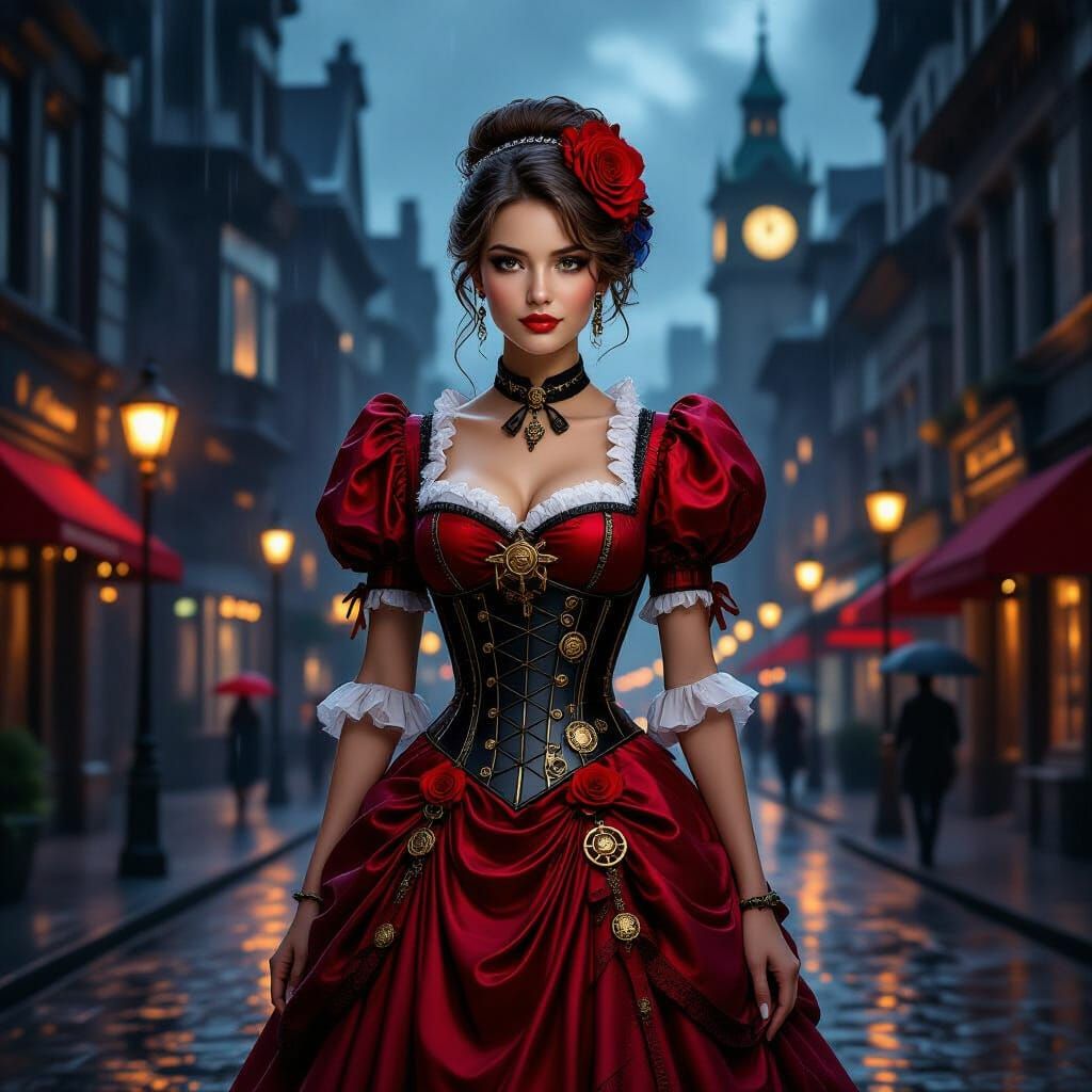 Steampunk Woman in Rainy Cityscape at Night
