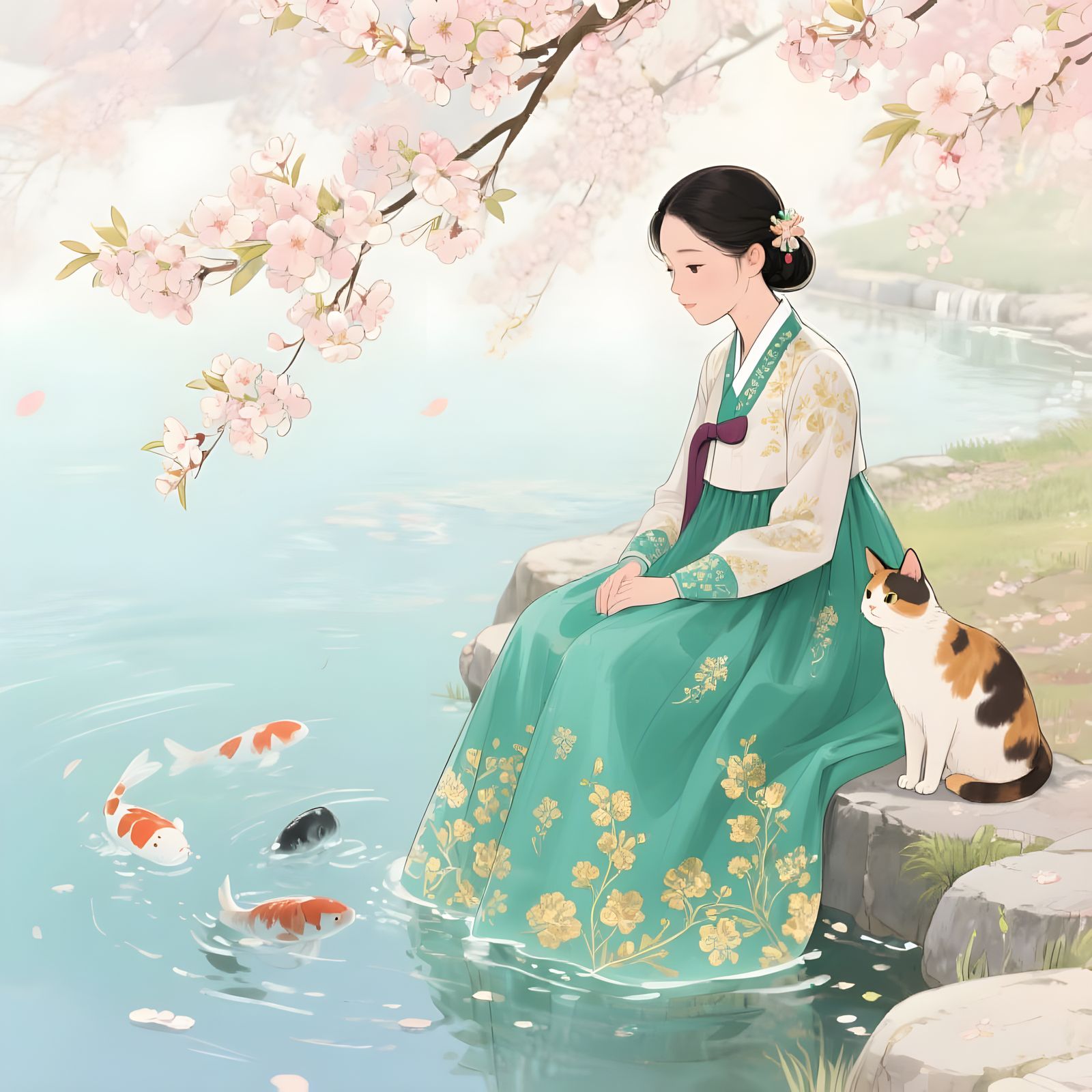 Manhwa Style Woman and Cat at Koi Pond with Cherry Blossoms