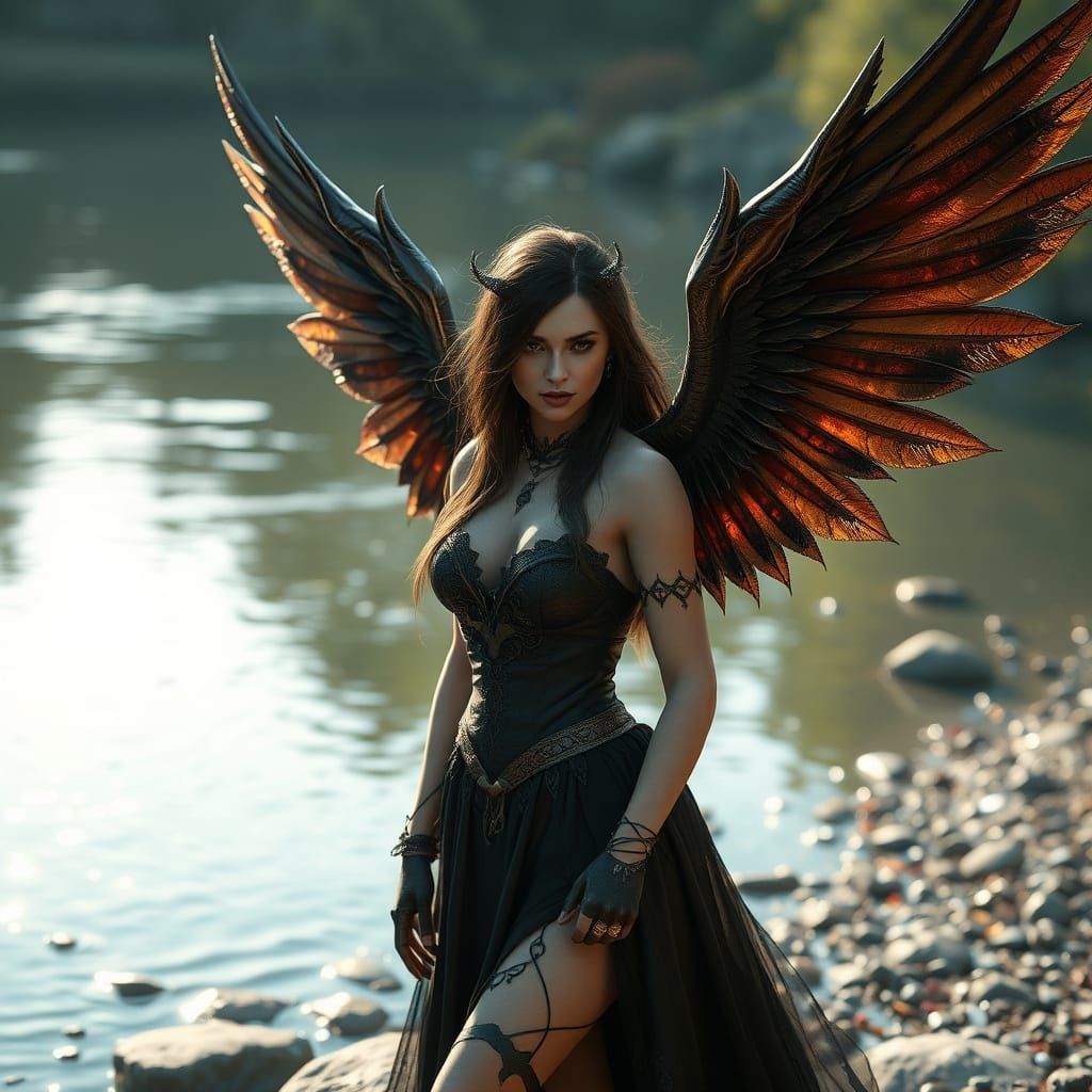 Gothic Woman with Wings in a River Landscape