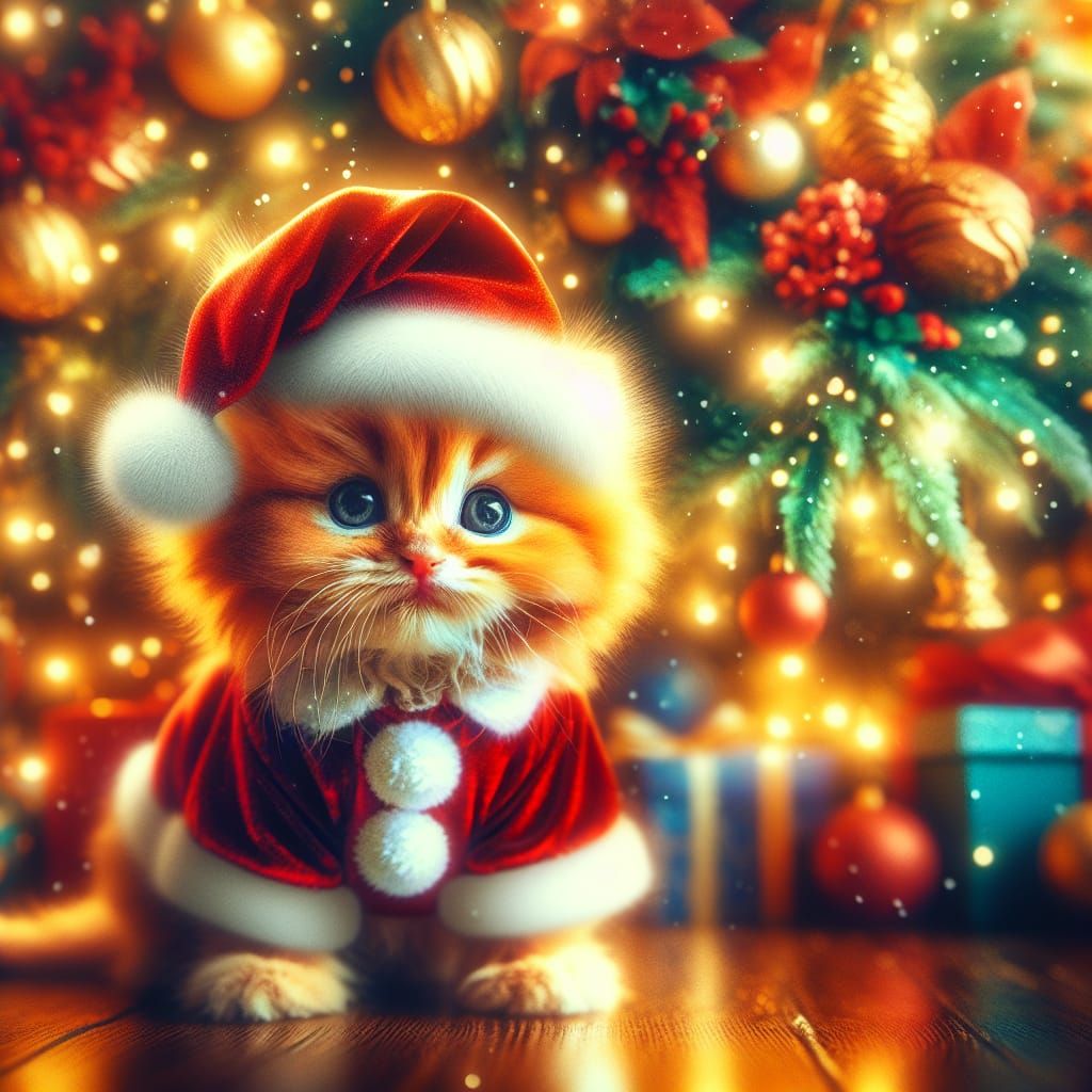 Vibrant Christmas Kitten in Santa Suit Under Glowing Tree