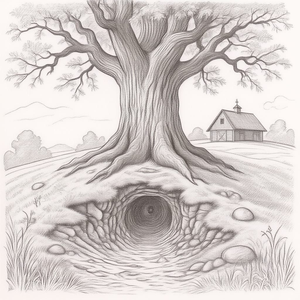 Detailed Line Drawing of Animal Burrow Under Chicken Farm