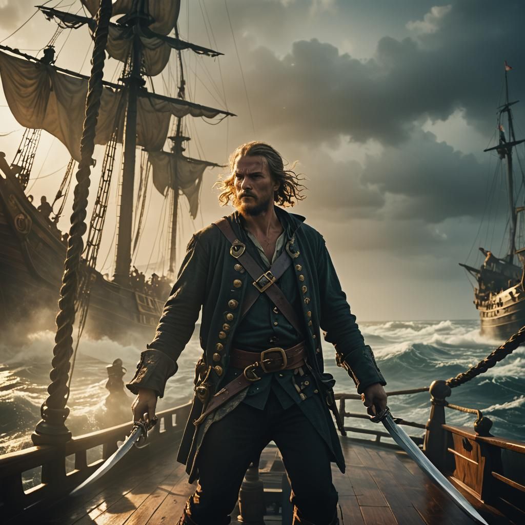 Heroic Sea Swede on a Pirate Ship in Turbulent Golden Hour