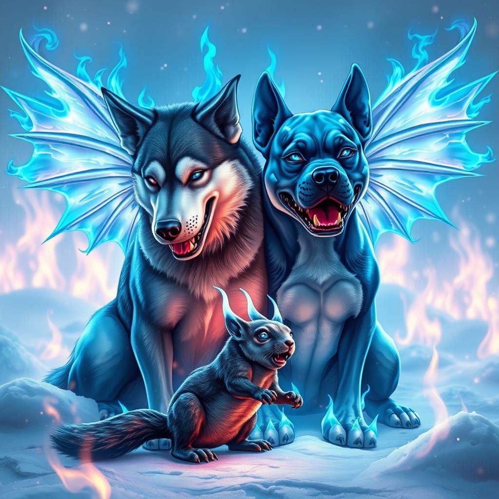 Regal Two-Headed Dog Demon Deity in Anime Realism