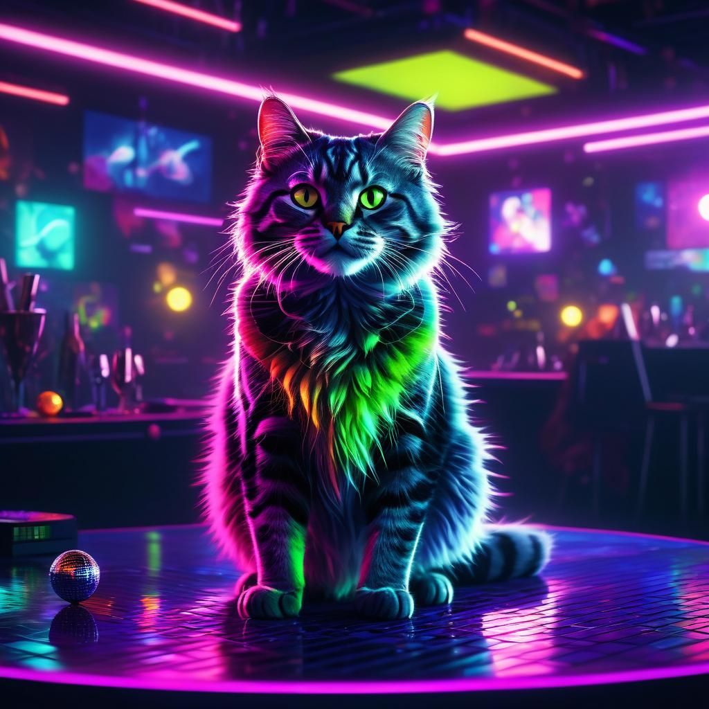 Neon Cat Dancer in a Vibrant Disco Scene