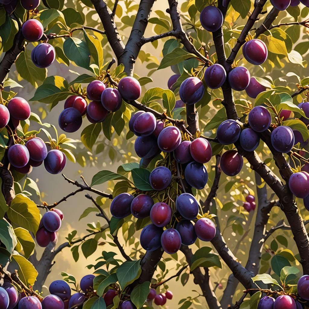 Surreal Plum Harvest Scene in Hyper-Realistic Lighting