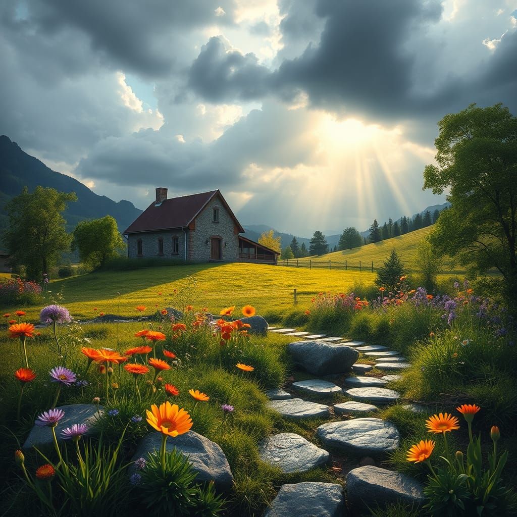 Serene Valley Farmhouse in Vibrant Colors