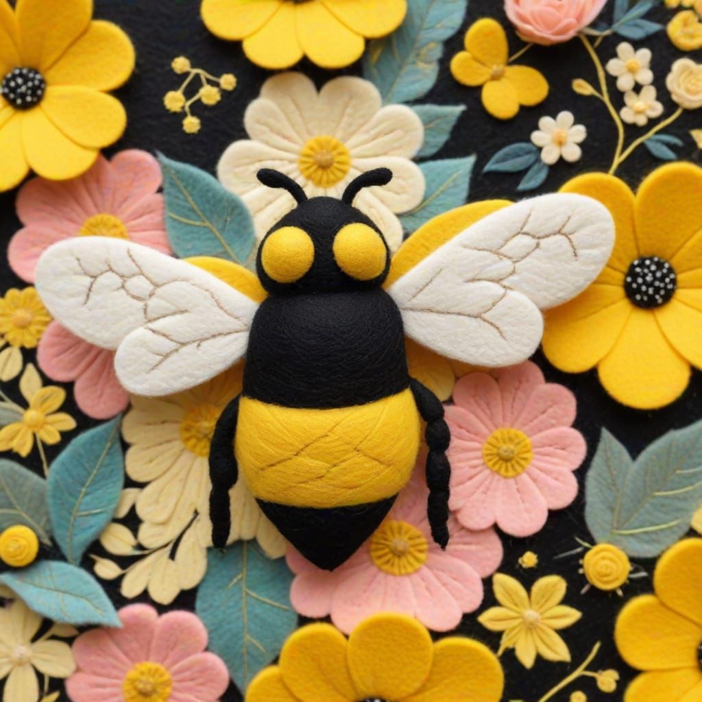 Felt Bumblebee on Floral Background in Textile Art Style