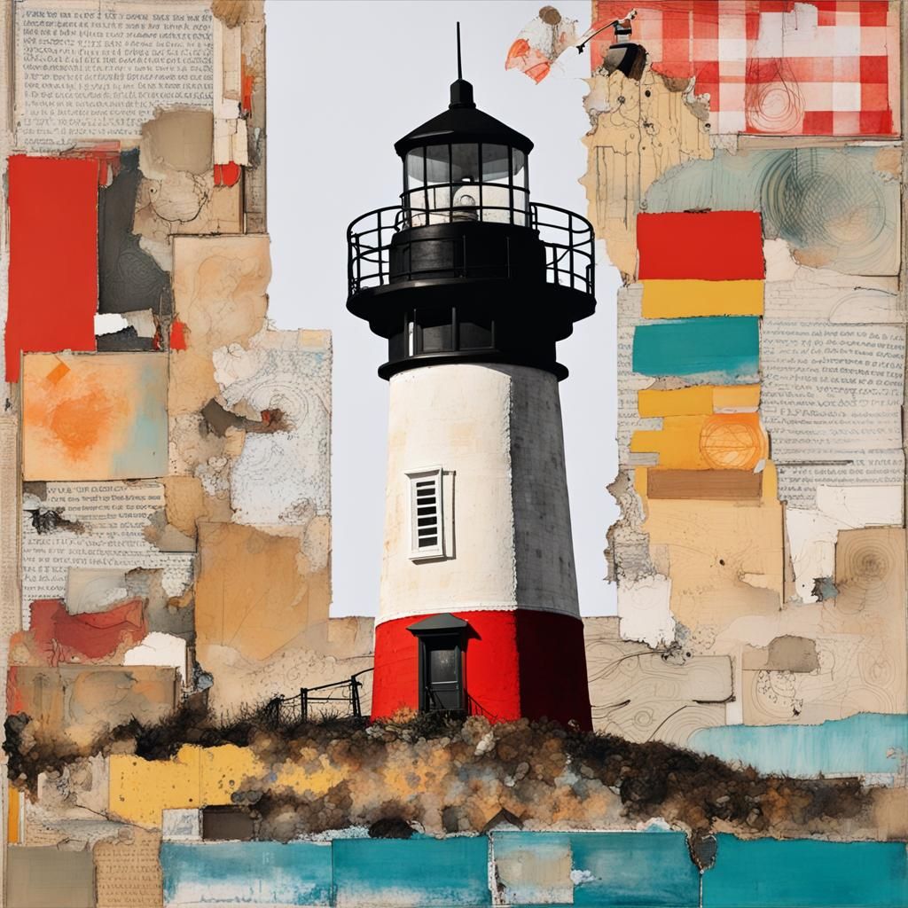 Lighthouse Mixed Media Collage in Vibrant Colors