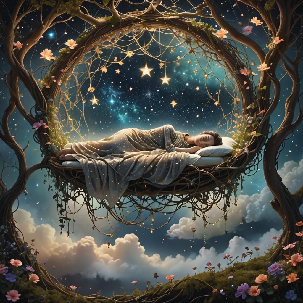 Ethereal Dreamer Suspended in Starry, Mystical Realm