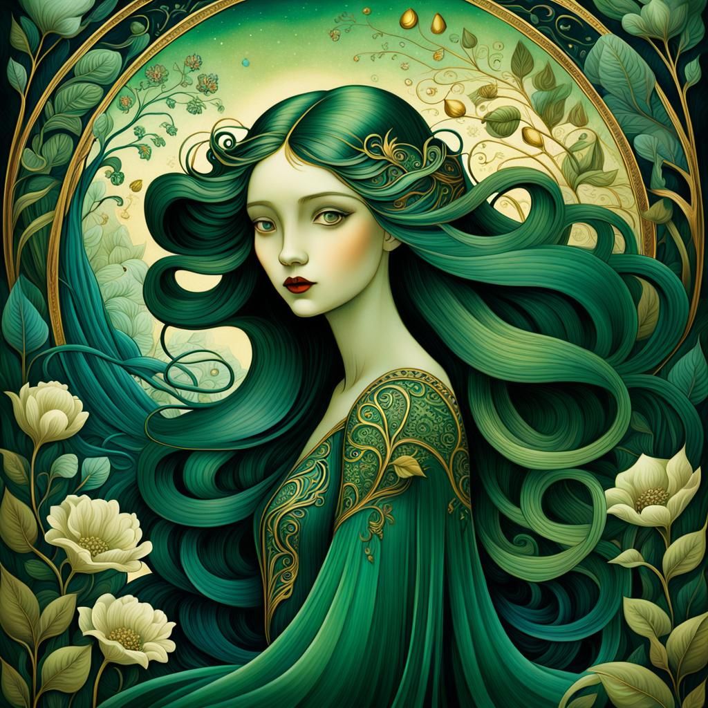 A Vintage Woman in a Whimsical Art Nouveau Dream
