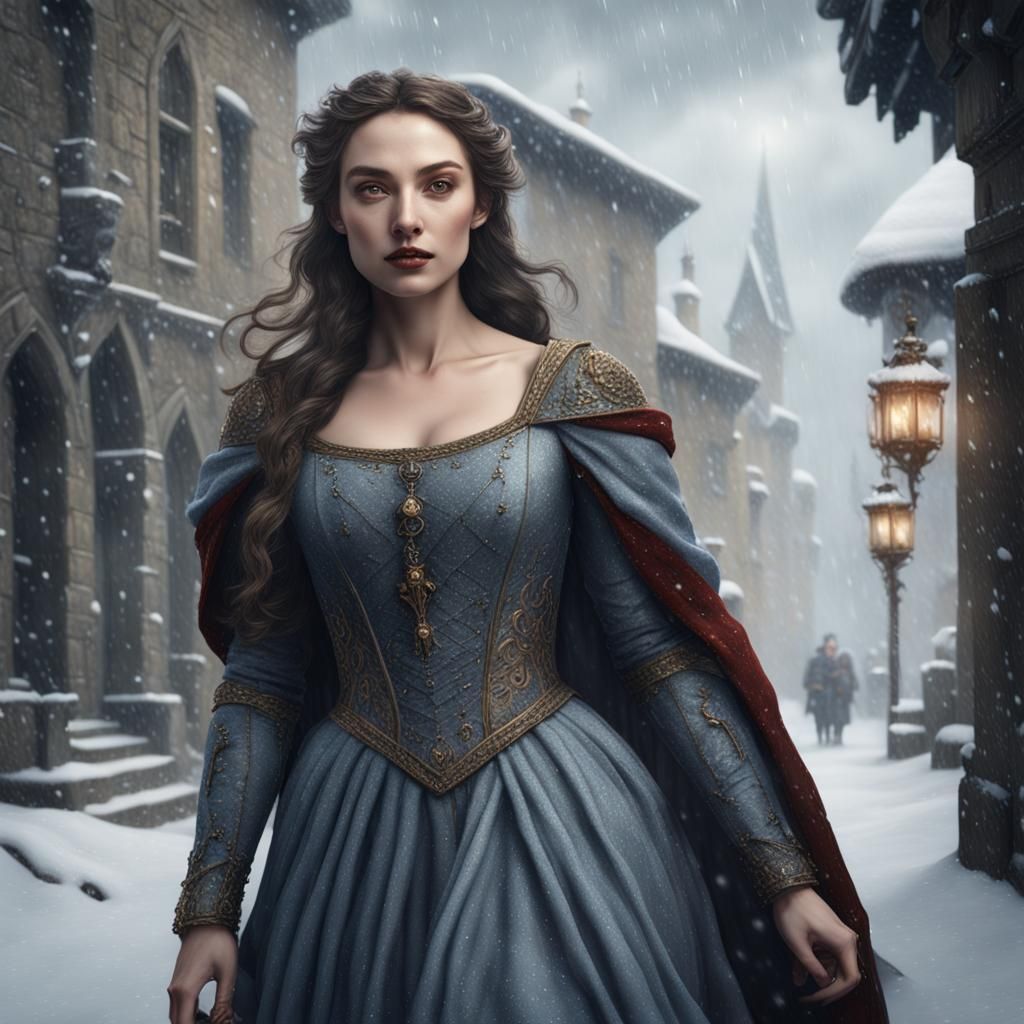 Medieval Couple Braving a Snowy Storm in a Fantastical Land